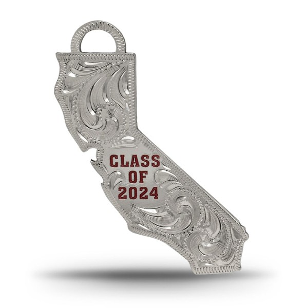 CALIFORNIA TASSEL CHARM, California Graduation Cap Tassel Charm. Crafted on a hand engraved German Silver base, detailed with customizable lettering. Add your class, year, and scho